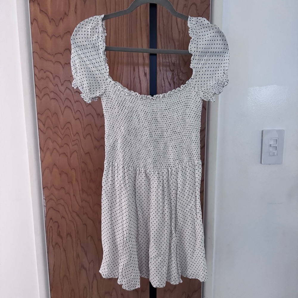 Reformation White Smocked Mini Dress with Black Polka Dots girl size large